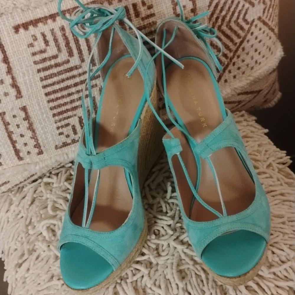 Trina Turk Turquoise Suede Leather Lace up Ankle Wrap Wedge Sandals - Picture 1 of 12